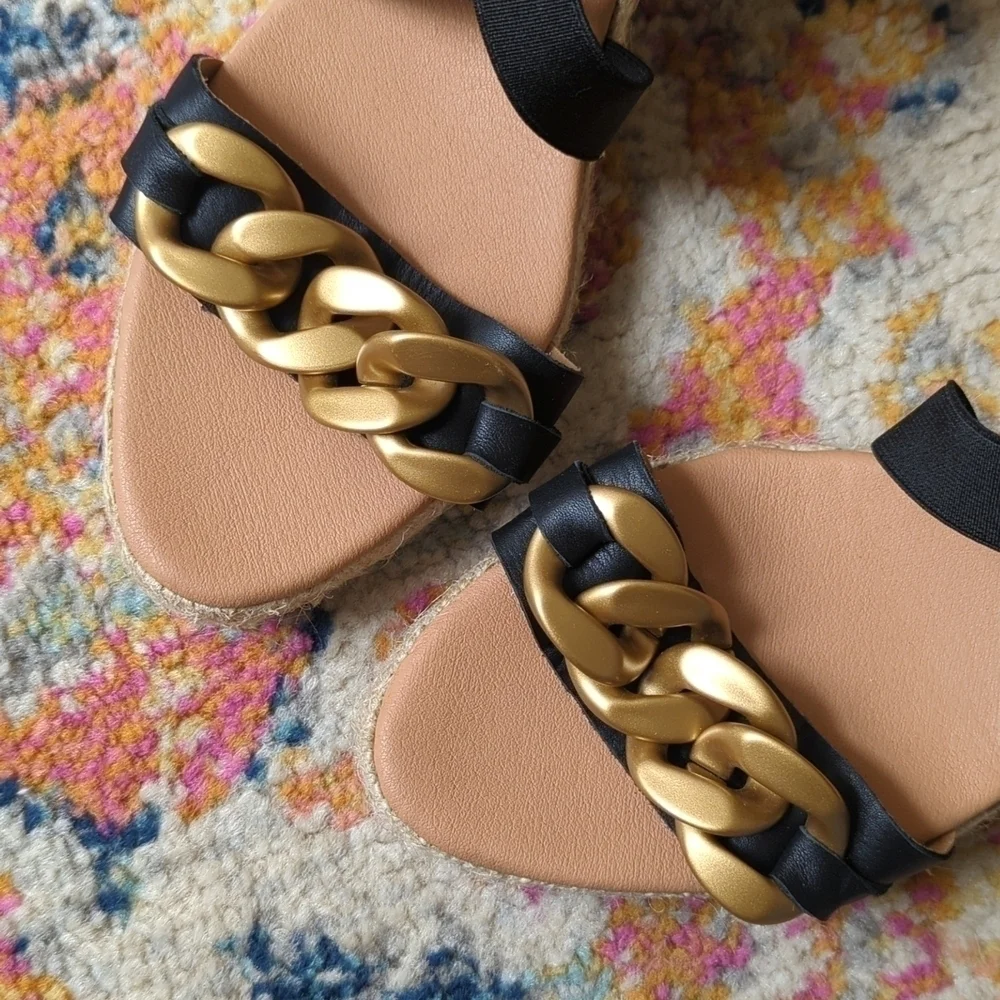 Maypol Leather Chunky Chain Strappy Open Toe Espadrille Wedge Sandals Black 40